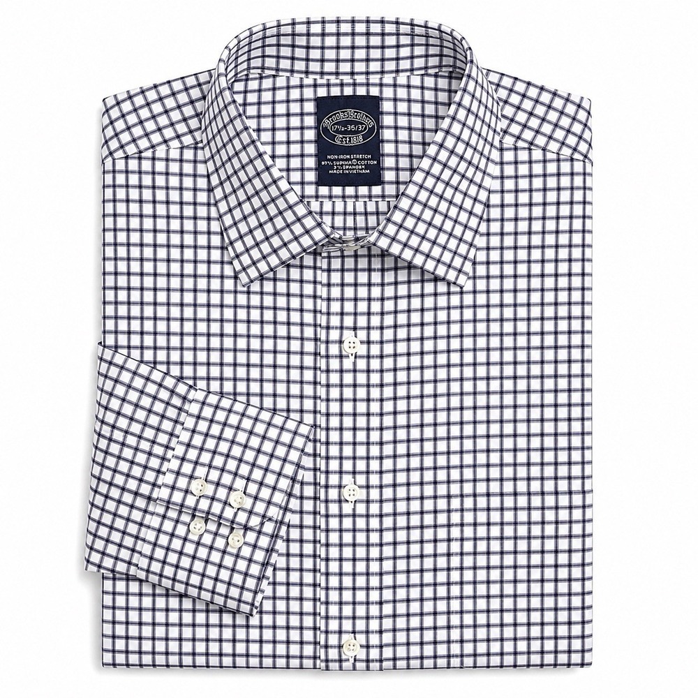 Brooks Brothers Non-Iron Stretch Dress Shirt Mens 17.5 35/37 Blue Check